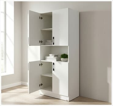 шкафчик для посуды: Белый высокий шкаф с нишей и четырьмя распашными дверцами. - — 1