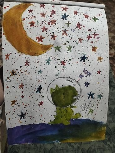 Акварельная иллюстрация «Дино‑космонавт под луной». - Оригинальная