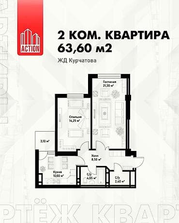 14: 2 комнаты, 63 м², Джал мкр (в т.ч. Верхний, Нижний, Средний) Элитка, 14 этаж, Дизайнерский ремонт — 6