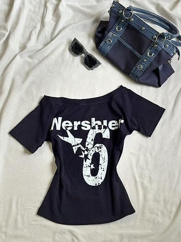 Женская футболка с широким вырезом лодочкой - Цвет: темно‑синий