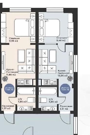 курорты: 1 комната, 29 м², 3 этаж, Готовая ПСО (под самоотделку) — 2