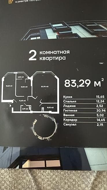 Квартиры: 2 комнаты, 83 м², Кок-Жар мкр Элитка, 8 этаж, ПСО (под самоотделку) — 4