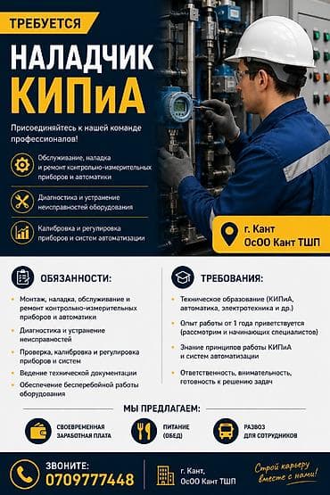 В г. Кант, ОсОО «Кант ТШП» Наладчик КИПиА. Рассматриваем кандидатов