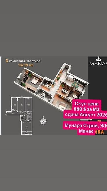 кварита: 3 комнаты, 133 м², Элитка, 8 этаж, Готовая ПСО (под самоотделку) — 1