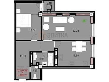 2 комнаты, 79 м², Элитка, 9 этаж, Готовая ПСО (под самоотделку) — 2