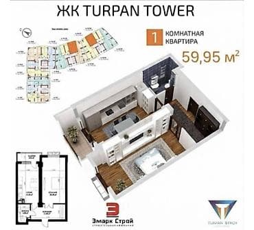 Батирлер: 1 бөлмө, 60 м², Элитка, 6 кабат, Даяр ПСО (өзү оңдоп түзөтүп бүтүү үчүн) — 4