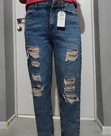 рваные джинсы: Джинсы, Прямые, Высокая талия, Стрейч — 1