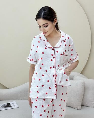 белая ночная сорочка: Пижама, Муслин, На пуговицах, L, M, S — 5