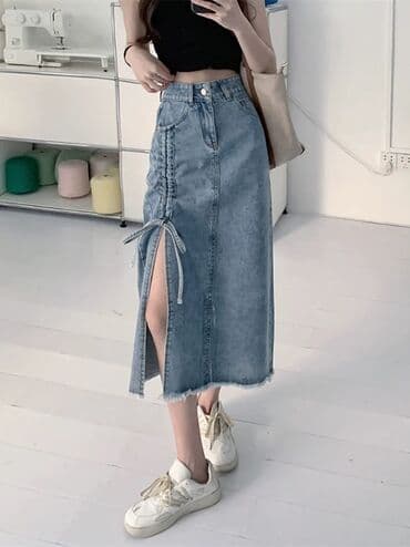 Юбка, Макси, Джинс, Высокая талия, С вырезом