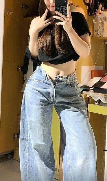 slim patch: Джинсы, Бэгги, Корея, Средняя талия, Со стразами, 2XL — 3