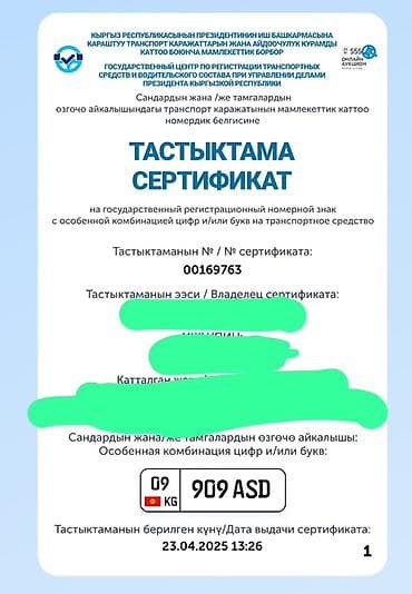 Транспорт: Особый государственный регистрационный номерной знак для ТС: 909 ASD — 1