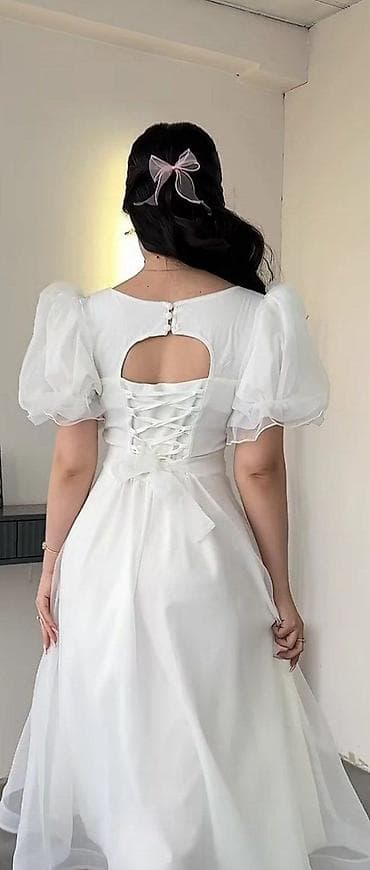 сарафан из кружева: Белое платье миди с воздушными рукавами, платье на выпускной, платье — 2