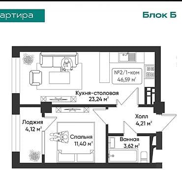 Квартиры: 1 комната, 47 м², Элитка, 13 этаж, Готовая ПСО (под самоотделку) — 3