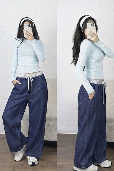 джинсы с мотней мужские: Джинсовые брюки свободного кроя (wide leg) - Материал: плотный деним — 3