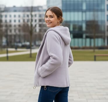 tech fleese: Из шерсти альпаки, бледно-серо розовая курточка с капюшоном на золотой — 1