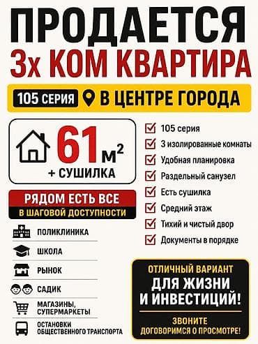 Продажа квартир: 3 комнаты, 61 м², 105 серия, 105 серия, 5 этаж, Требуется ремонт — 1