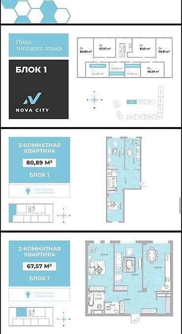 жк нова сити: 2 комнаты, 80 м², Элитка, Готовая ПСО (под самоотделку) — 3