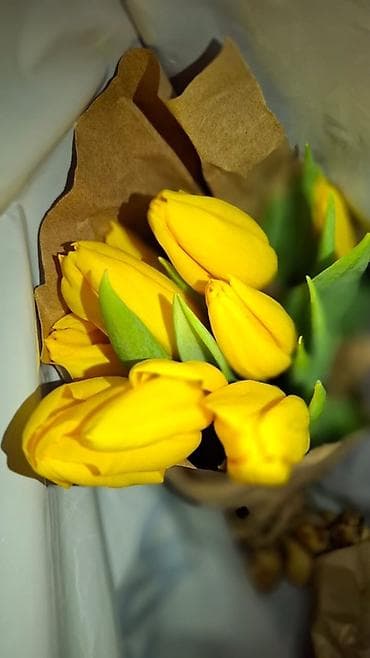 упаковка цветов: Тюльпаны срезанные, в крафт-упаковке. - Разновидности и окраски — 3