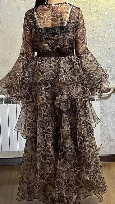 dolce and gabbana: Шифоновое платье макси с принтом в коричнево‑бежевой гамме - — 4