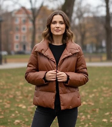 max mara: Женская утеплённая куртка-пуховик из эко-кожи, карамельно-коричневый — 1