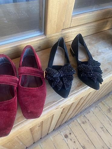 Жеке буюмдар: Женские туфли-лодочки и балетки (2 пары) - Пара 1: бархатные бордовые — 1