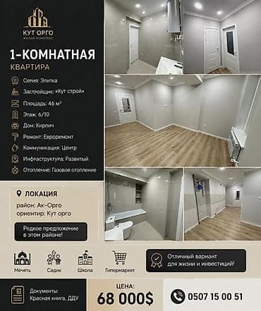 Продажа квартир: 1 комната, 46 м², Ак-Орго ж/м Элитка, 6 этаж, Евроремонт — 1