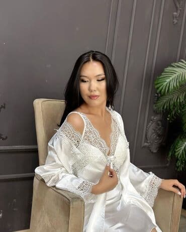 белая ночная сорочка: Пеньюар, Атлас, Короткая модель, С халатом, Турция — 1