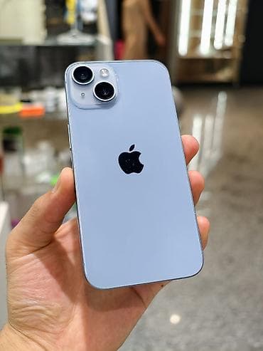 IPhone 14, Б/у, 128 ГБ, Голубой, Защитное стекло, Чехол, 100 %