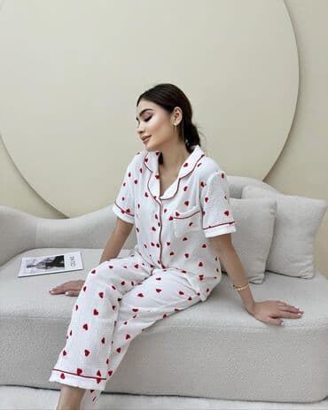 белая ночная сорочка: Пижама, Муслин, На пуговицах, L, M, S — 3