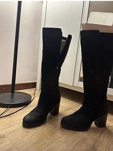 Сапоги: Замшевые женские сапоги до колена, чёрный цвет. Geox зима с мехом — 1