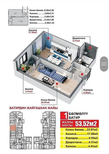 1 комната, 53 м², Элитка, 3 этаж, Готовая ПСО (под самоотделку) at lalafo.kg 1 комната, 53 м², Элитка, 3 этаж, Готовая ПСО (под самоотделку)