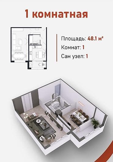 Батирлер: 1 бөлмө, 48 м², Евроремонт — 1