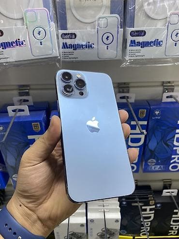 apple 13 pro: IPhone 13 Pro Max, Б/у, 128 ГБ, Sierra Blue, Чехол, Защитное стекло, 82 % — 1