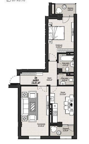 Квартиры: 2 комнаты, 72 м², Элитка, 14 этаж, Готовая ПСО (под самоотделку) — 4
