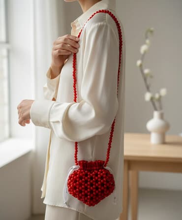 Сумка-мешочек в форме сердца с бисерным плетением - Дизайн: объемный