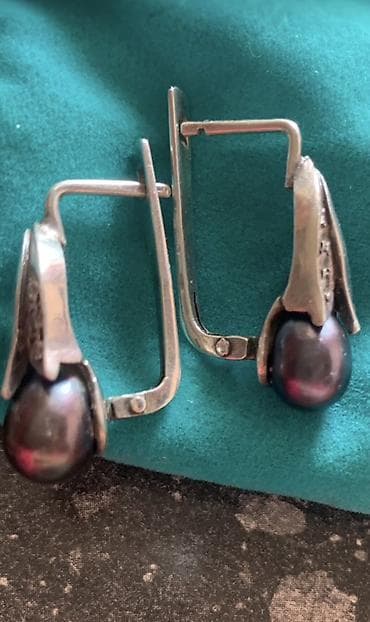 amber elixir: Серьги серебряные с черным жемчугом и фианитами — 2