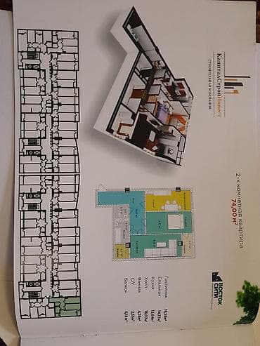 Продажа квартир: 2 комнаты, 74 м², Курманжан-Датка мкр., Элитка, 7 этаж, ПСО (под самоотделку) — 1