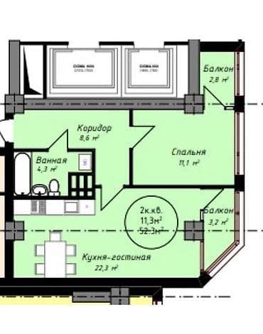 кок жар ж м: Курулуп бүткөн, Элитка, 2 бөлмө, 52 м² — 7