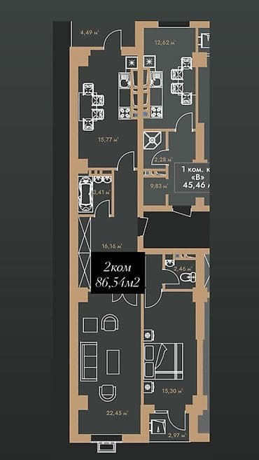 2 комнаты, 86 м², 16 этаж, Готовая ПСО (под самоотделку)