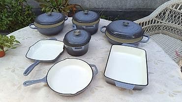 Набор эмалированной чугунной посуды, графитово‑серого цвета с кремовой