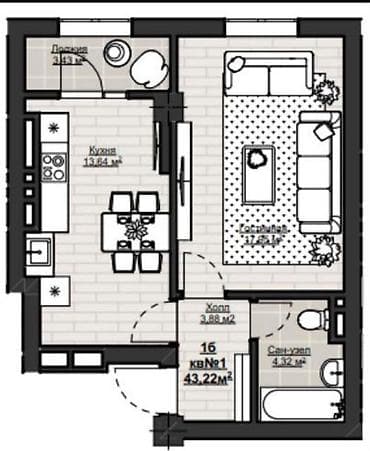 1 комната, 43 м², Асанбай мкр Элитка, 6 этаж, ПСО (под самоотделку) — 1