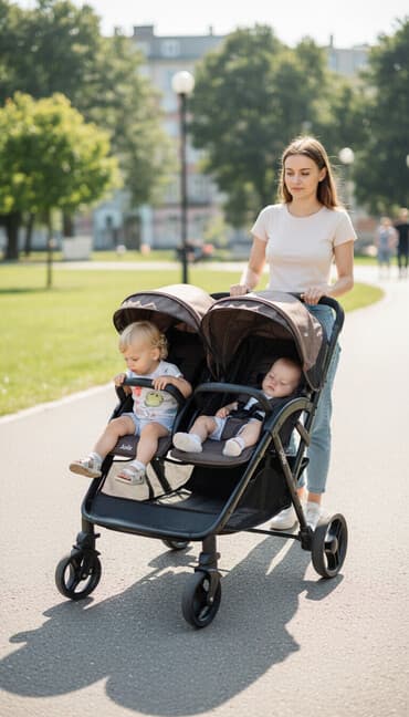 купить коляску для двойни: Коляска, цвет - Черный — 1