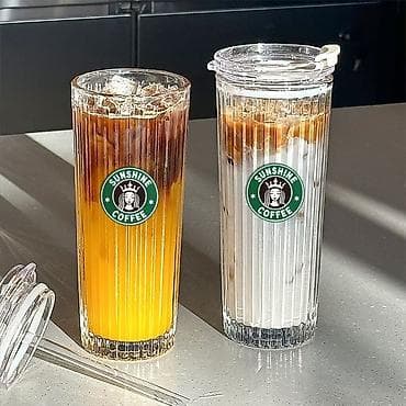 бокалы для сока: Высокие стеклянные стаканы Sunshine Coffee с крышкой и трубочкой - — 2