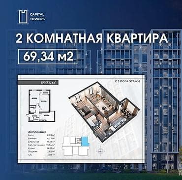 bay tash tower: 2 комнаты, 69 м², Элитка, 10 этаж, Готовая ПСО (под самоотделку) — 5