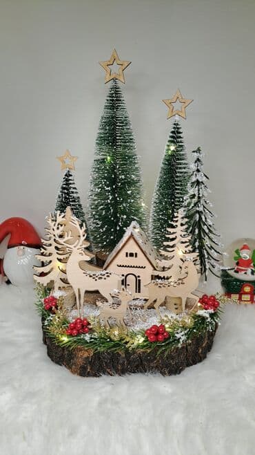 где можно купить церковные свечи: Новогодняя декоративная композиция «Зимняя деревушка» на спиле дерева — 9