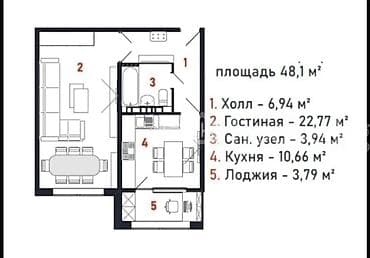 Квартиры: 1 комната, 48 м² — 2