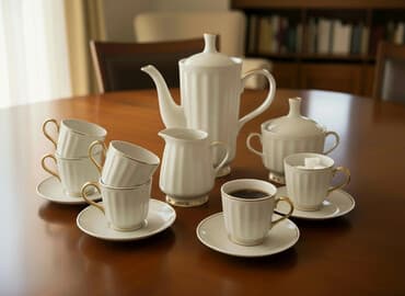 чайные сервиз: Набор посуды и лабораторной утвари. 1) Чайный сервиз из тонкого — 4