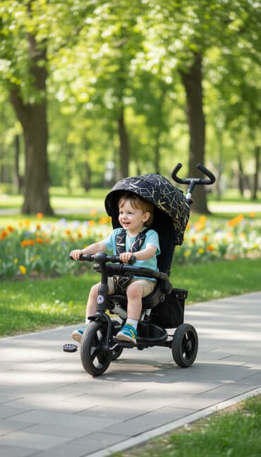 игрушечная машина на которой можно ездить: Коляска, цвет - Черный, Б/у — 1