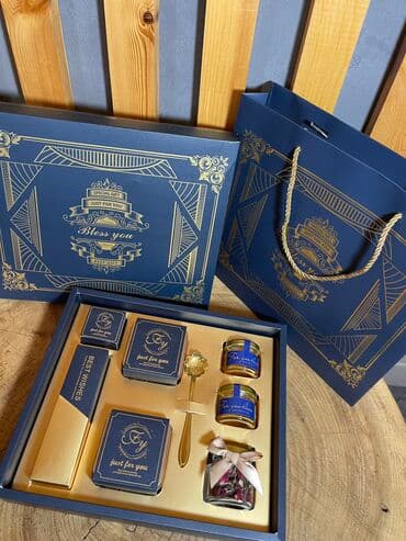 букет из курута: Подарочный набор Синий • Коробка, Сумка • Мёд в баночках - 2 шт • — 5