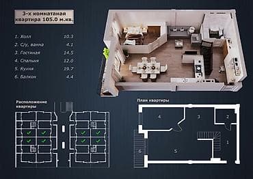 квартииу: 4 комнаты, 105 м², Элитка, 5 этаж, Дизайнерский ремонт — 1